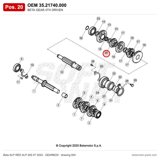 BETA GEAR 4TH DRIVEN – OEM 35.21740.000, position 20 on the Beta ALP RED ALP 200 4T 2024 gearbox drawing