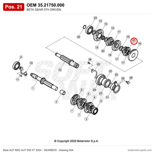BETA GEAR 5TH DRIVEN – OEM 35.21750.000, position 21 on the Beta ALP RED ALP 200 4T 2024 gearbox drawing