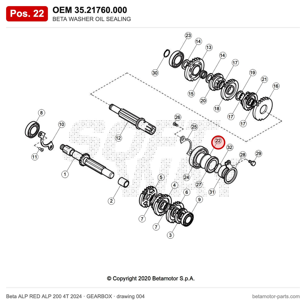 BETA WASHER OIL SEALING – OEM 35.21760.000, position 22 on the Beta ALP RED ALP 200 4T 2024 gearbox drawing