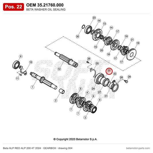 BETA WASHER OIL SEALING – OEM 35.21760.000, position 22 on the Beta ALP RED ALP 200 4T 2024 gearbox drawing