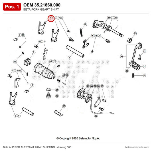 BETA FORK GEART SHIFT – OEM 35.21860.000, position 1 on the Beta ALP RED ALP 200 4T 2024 shifting drawing