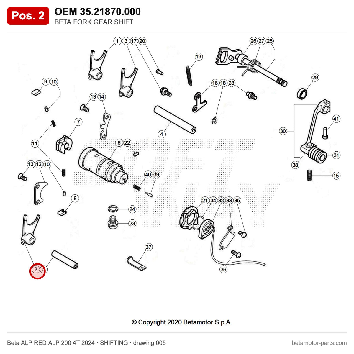 BETA FORK GEAR SHIFT – OEM 35.21870.000, position 2 on the Beta ALP RED ALP 200 4T 2024 shifting drawing