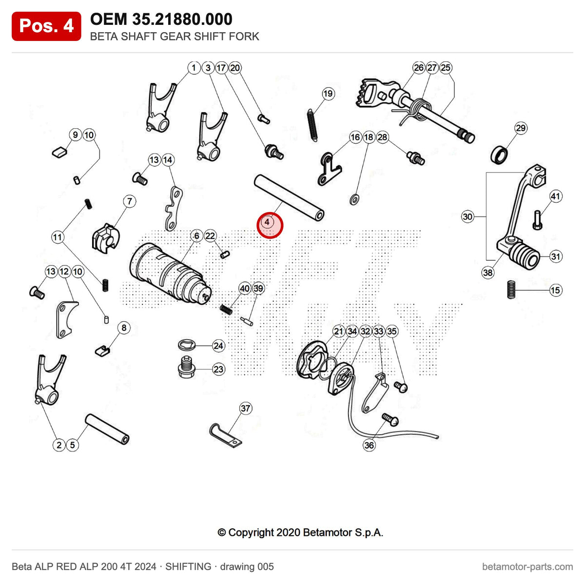BETA SHAFT GEAR SHIFT FORK – OEM 35.21880.000, position 4 on the Beta ALP RED ALP 200 4T 2024 shifting drawing