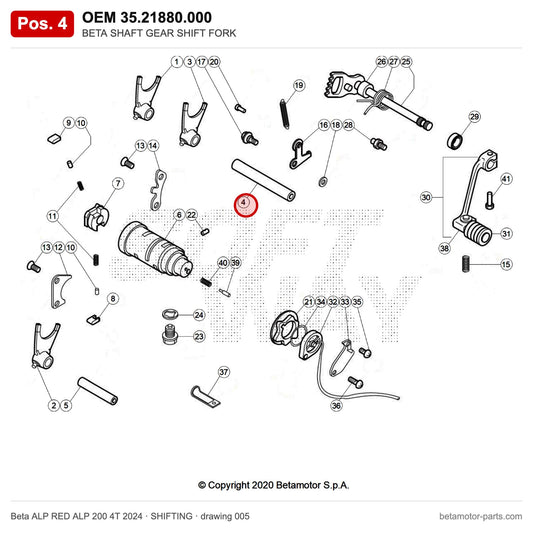 BETA SHAFT GEAR SHIFT FORK – OEM 35.21880.000, position 4 on the Beta ALP RED ALP 200 4T 2024 shifting drawing