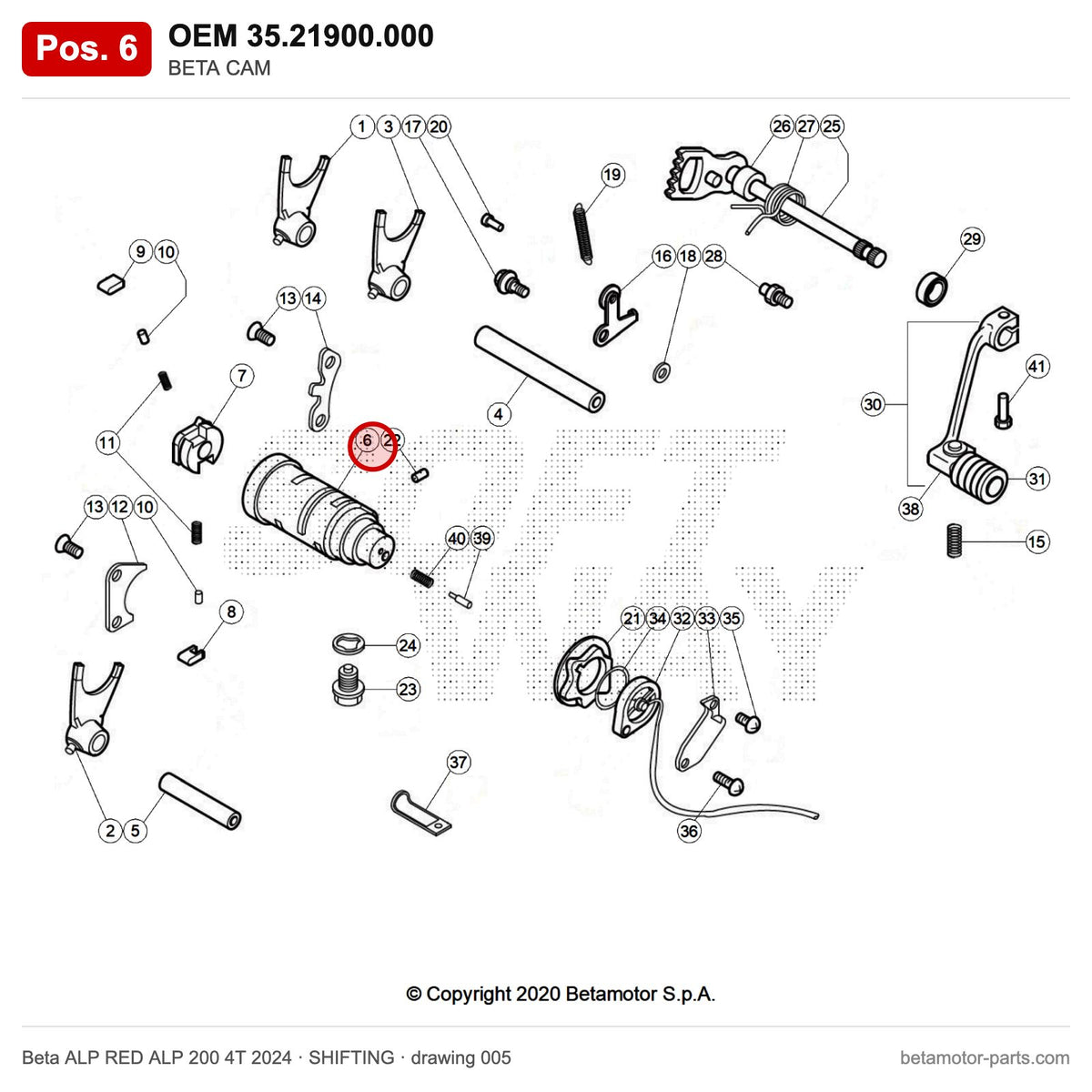 BETA CAM – OEM 35.21900.000, position 6 on the Beta ALP RED ALP 200 4T 2024 shifting drawing