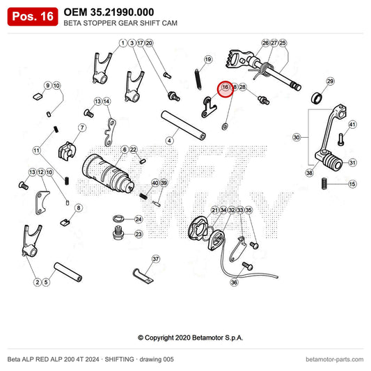 BETA STOPPER GEAR SHIFT CAM – OEM 35.21990.000, position 16 on the Beta ALP RED ALP 200 4T 2024 shifting drawing