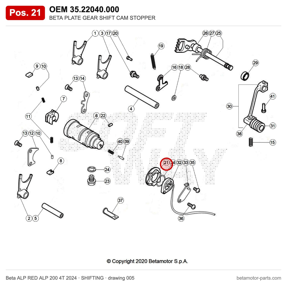 BETA PLATE GEAR SHIFT CAM STOPPER – OEM 35.22040.000, position 21 on the Beta ALP RED ALP 200 4T 2024 shifting drawing