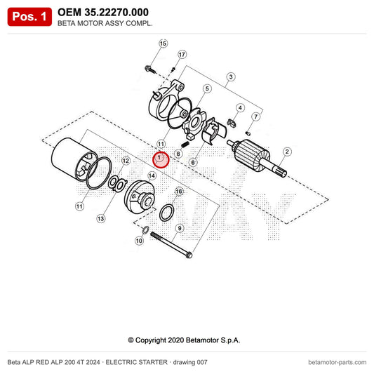 BETA MOTOR ASSY COMPL. – OEM 35.22270.000, position 1 on the Beta ALP RED ALP 200 4T 2024 elettricstarter drawing