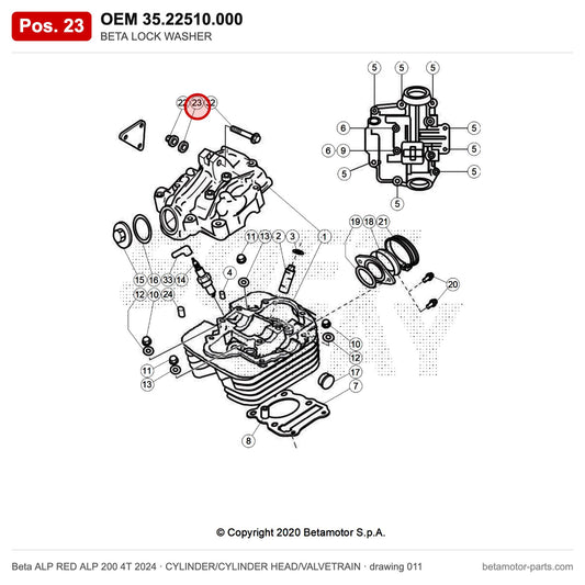 BETA LOCK WASHER – OEM 35.22510.000, position 23 on the Beta ALP RED ALP 200 4T 2024 cylinder/cylinder head/valvetrain drawing