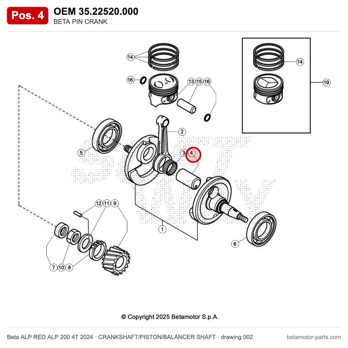 BETA PIN CRANK – OEM 35.22520.000, position 4 on the Beta ALP RED ALP 200 4T 2024 crankshaft/piston/balancer shaft drawing