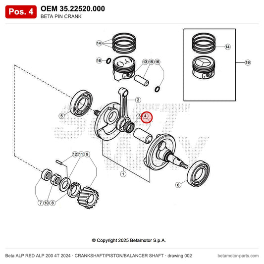 BETA PIN CRANK – OEM 35.22520.000, position 4 on the Beta ALP RED ALP 200 4T 2024 crankshaft/piston/balancer shaft drawing