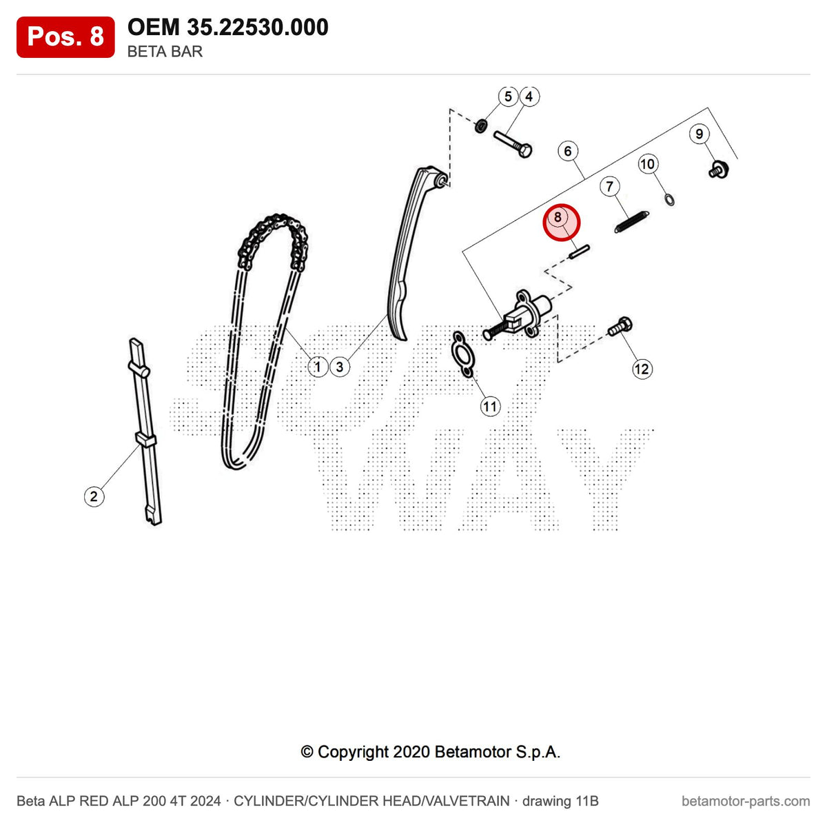 BETA BAR – OEM 35.22530.000, position 8 on the Beta ALP RED ALP 200 4T 2024 cylinder/cylinder head/valvetrain drawing