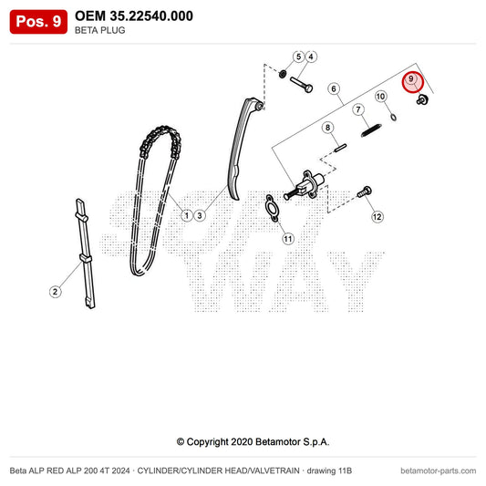 BETA PLUG – OEM 35.22540.000, position 9 on the Beta ALP RED ALP 200 4T 2024 cylinder/cylinder head/valvetrain drawing