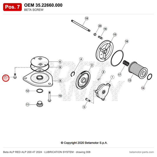 BETA SCREW – OEM 35.22660.000, position 7 on the Beta ALP RED ALP 200 4T 2024 lubrication system drawing