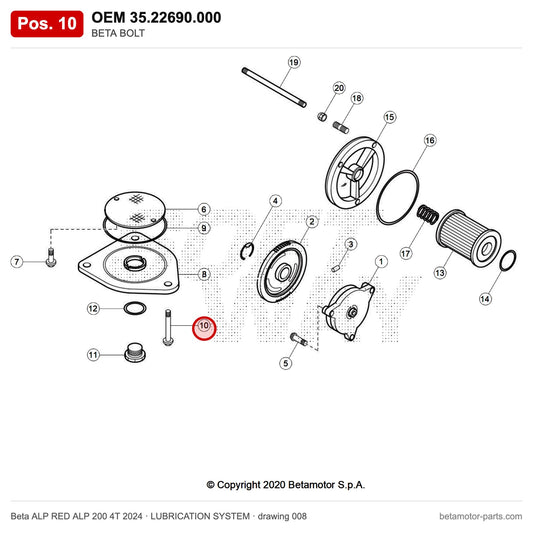 BETA BOLT – OEM 35.22690.000, position 10 on the Beta ALP RED ALP 200 4T 2024 lubrication system drawing