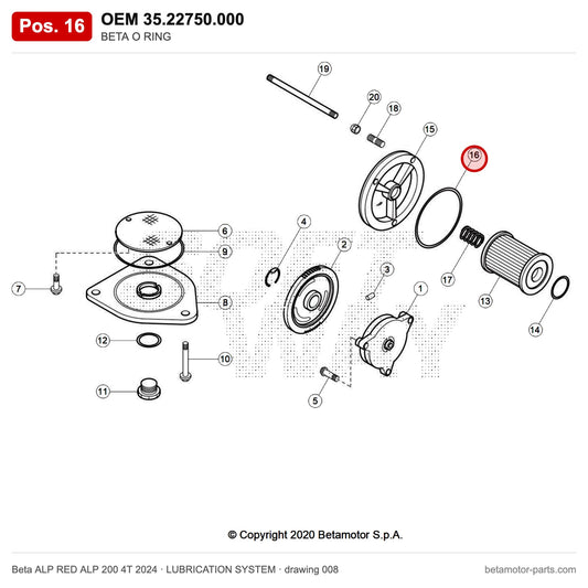 BETA O RING – OEM 35.22750.000, position 16 on the Beta ALP RED ALP 200 4T 2024 lubrication system drawing