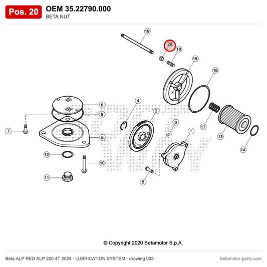 BETA NUT – OEM 35.22790.000, position 20 on the Beta ALP RED ALP 200 4T 2024 lubrication system drawing