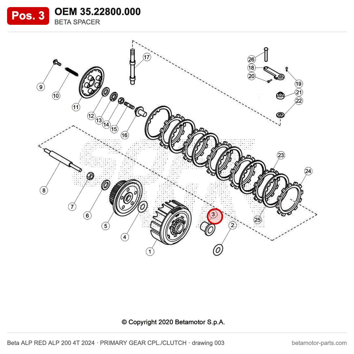 BETA SPACER – OEM 35.22800.000, position 3 on the Beta ALP RED ALP 200 4T 2024 primary gear cpl./clutch drawing
