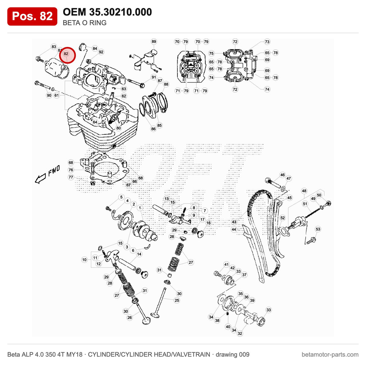BETA O RING – OEM 35.30210.000, position 82 on the Beta ALP 4.0 350 4T MY18 cylinder/cylinder head/valvetrain drawing