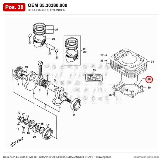 BETA GASKET, CYLINDER – OEM 35.30380.000, position 38 on the Beta ALP 4.0 350 4T MY18 crankshaft/piston/balancer shaft drawing