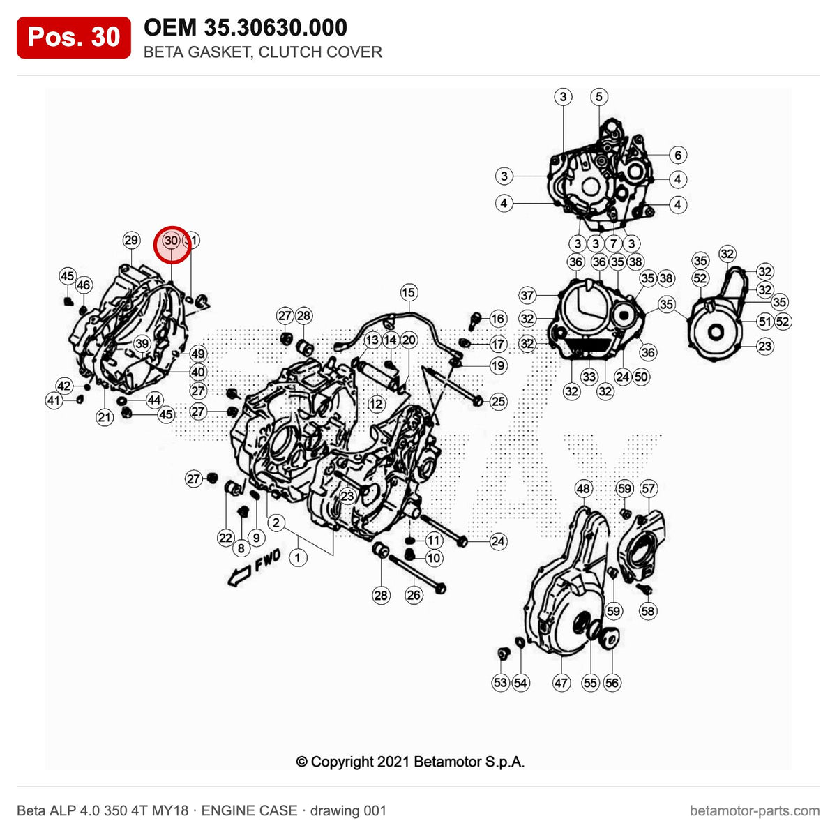 BETA GASKET, CLUTCH COVER – OEM 35.30630.000, position 30 on the Beta ALP 4.0 350 4T MY18 engine case drawing