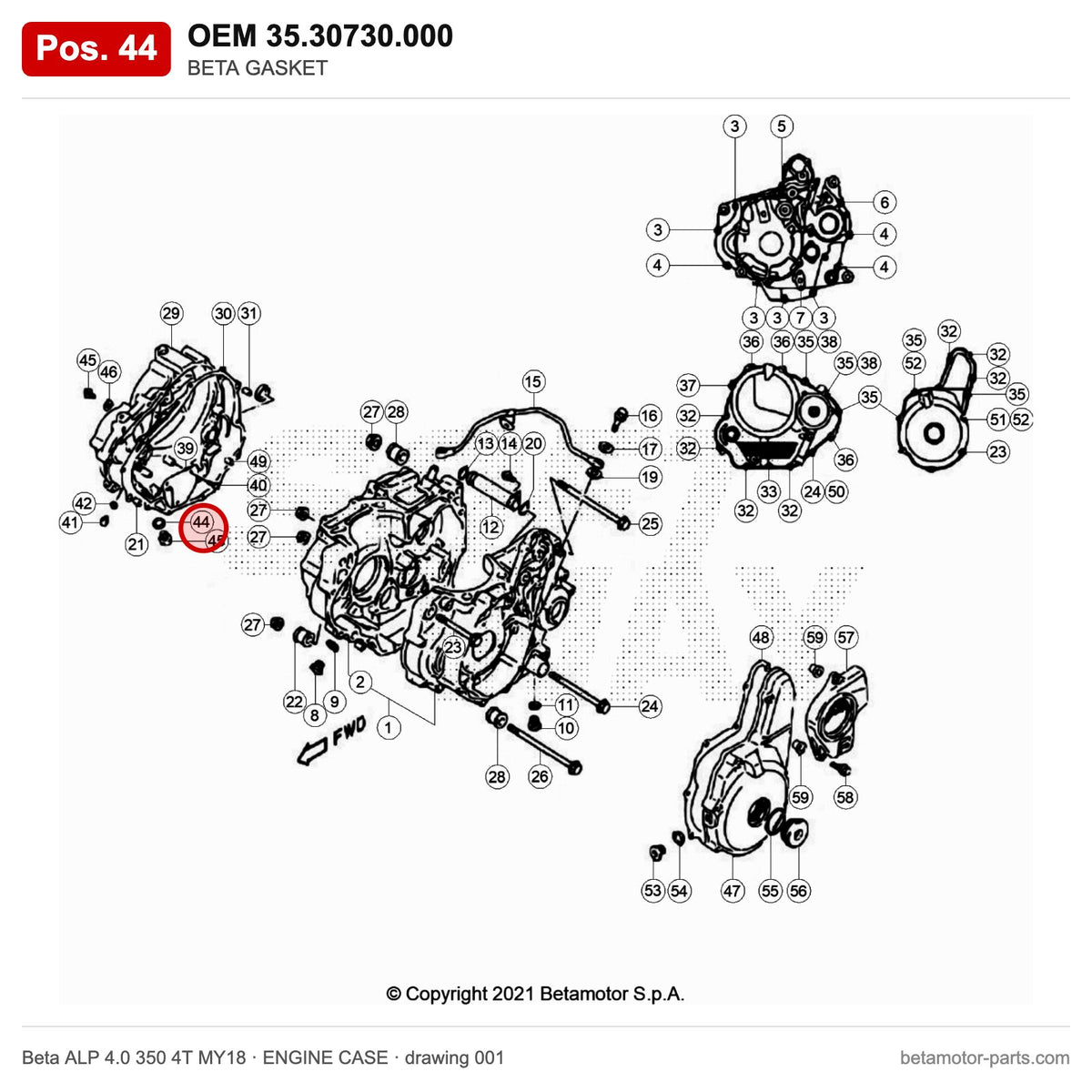 BETA GASKET – OEM 35.30730.000, position 44 on the Beta ALP 4.0 350 4T MY18 engine case drawing