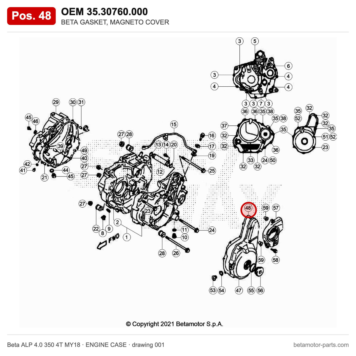 BETA GASKET, MAGNETO COVER – OEM 35.30760.000, position 48 on the Beta ALP 4.0 350 4T MY18 engine case drawing