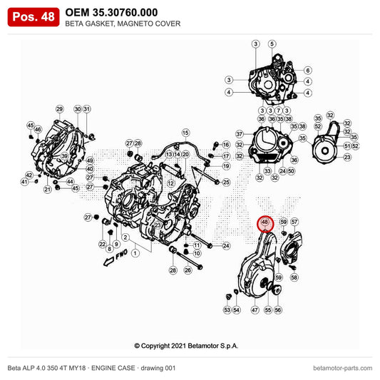 BETA GASKET, MAGNETO COVER – OEM 35.30760.000, position 48 on the Beta ALP 4.0 350 4T MY18 engine case drawing