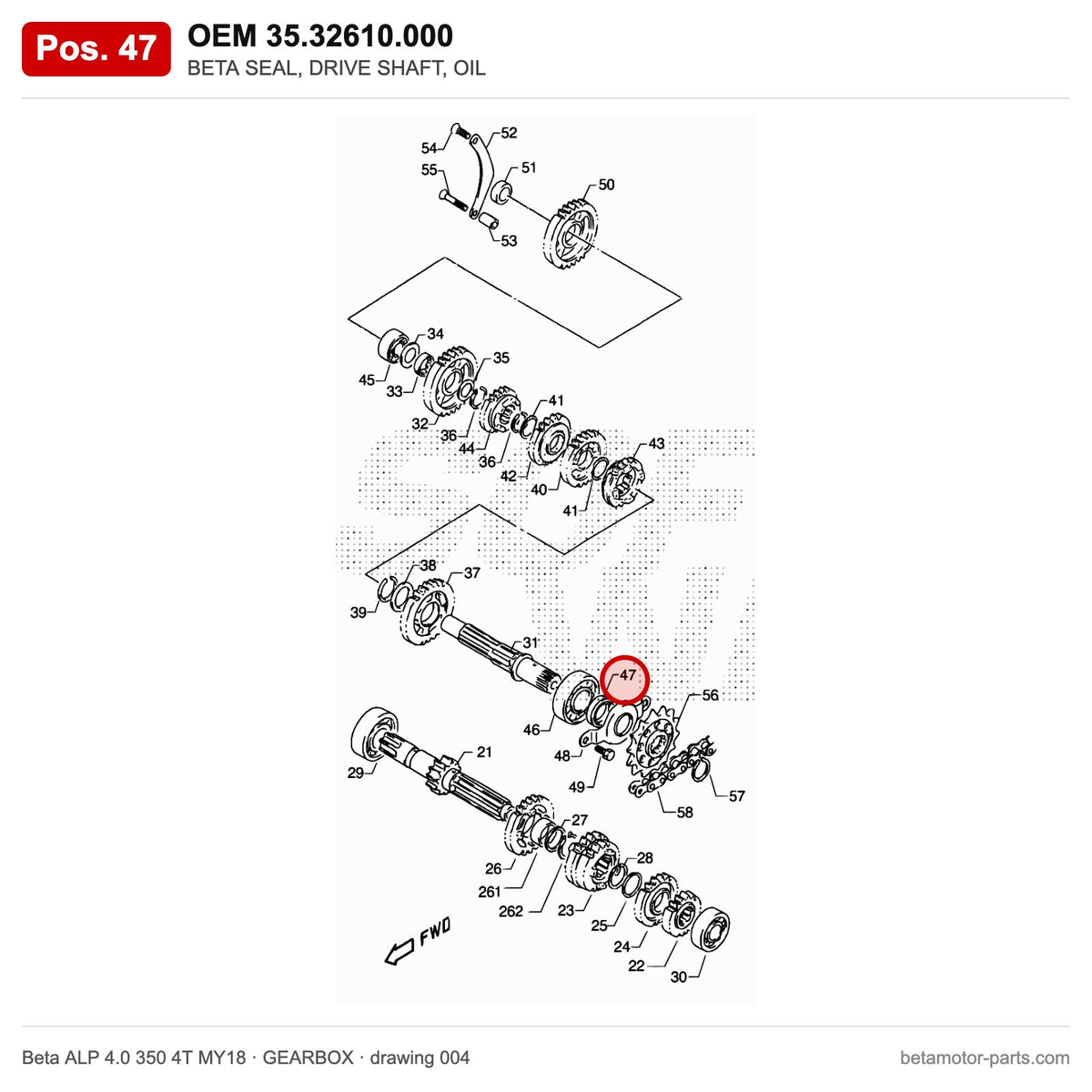 BETA SEAL, DRIVE SHAFT, OIL – OEM 35.32610.000, position 47 on the Beta ALP 4.0 350 4T MY18 gearbox drawing