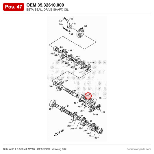 BETA SEAL, DRIVE SHAFT, OIL – OEM 35.32610.000, position 47 on the Beta ALP 4.0 350 4T MY18 gearbox drawing