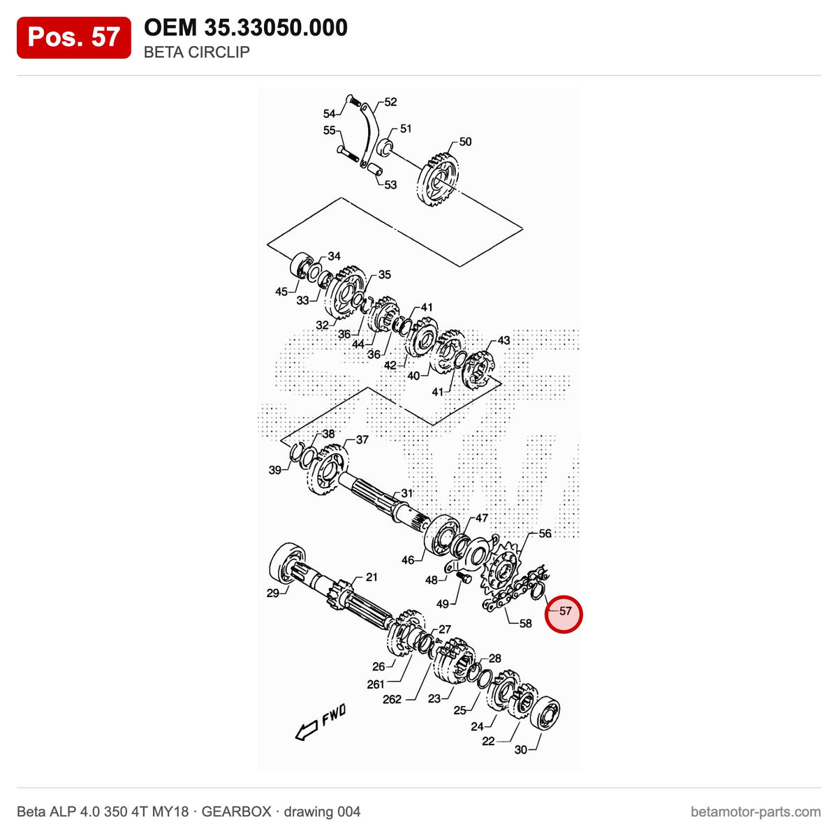 BETA CIRCLIP – OEM 35.33050.000, position 57 on the Beta ALP 4.0 350 4T MY18 gearbox drawing