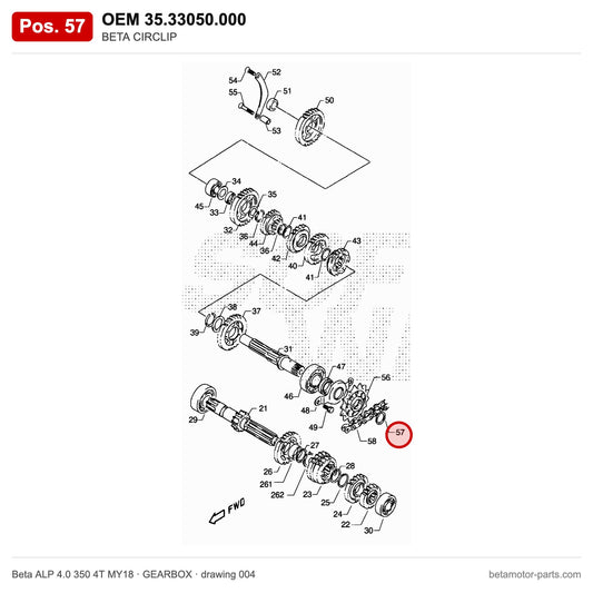 BETA CIRCLIP – OEM 35.33050.000, position 57 on the Beta ALP 4.0 350 4T MY18 gearbox drawing