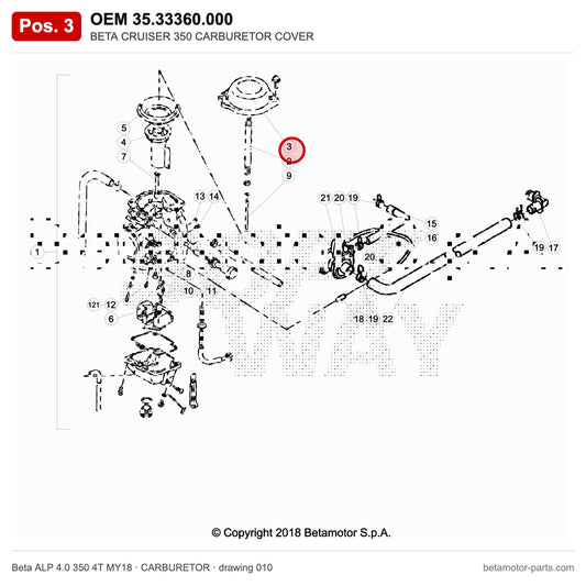 BETA CRUISER 350 CARBURETOR COVER – OEM 35.33360.000, position 3 on the Beta ALP 4.0 350 4T MY18 carburetor drawing