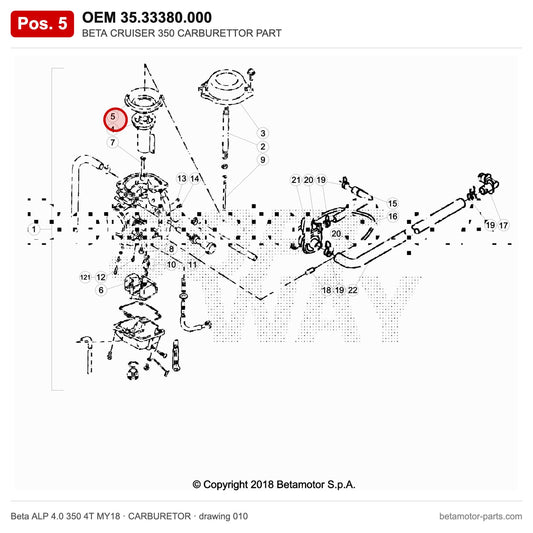 BETA CRUISER 350 CARBURETTOR PART – OEM 35.33380.000, position 5 on the Beta ALP 4.0 350 4T MY18 carburetor drawing