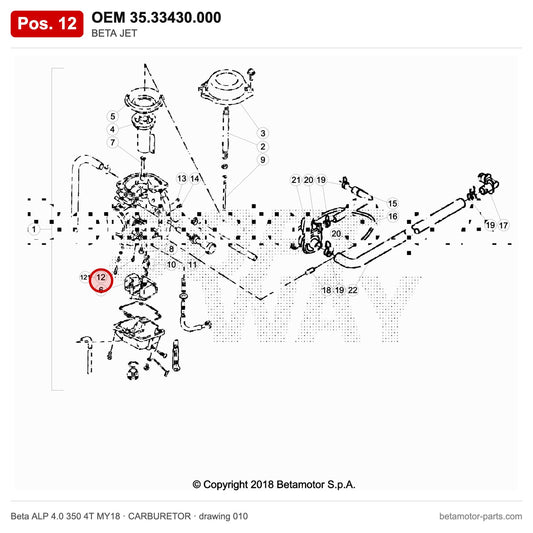 BETA JET – OEM 35.33430.000, position 12 on the Beta ALP 4.0 350 4T MY18 carburetor drawing