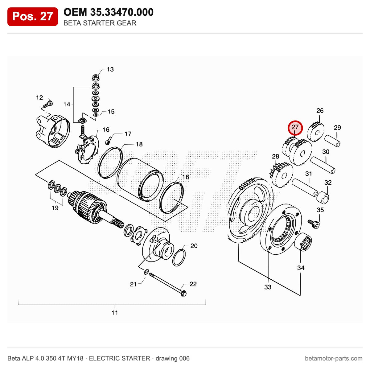 BETA STARTER GEAR – OEM 35.33470.000, position 27 on the Beta ALP 4.0 350 4T MY18 elettricstarter drawing