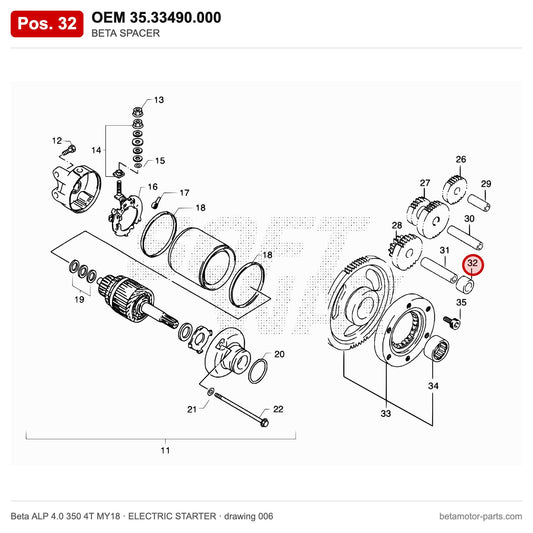 BETA SPACER – OEM 35.33490.000, position 32 on the Beta ALP 4.0 350 4T MY18 elettricstarter drawing