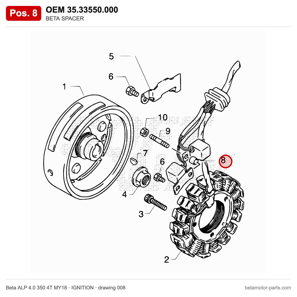 BETA SPACER – OEM 35.33550.000, position 8 on the Beta ALP 4.0 350 4T MY18 ignition drawing