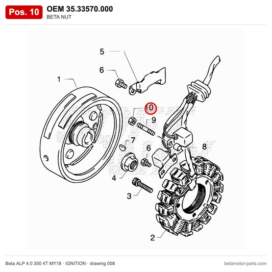 BETA NUT – OEM 35.33570.000, position 10 on the Beta ALP 4.0 350 4T MY18 ignition drawing