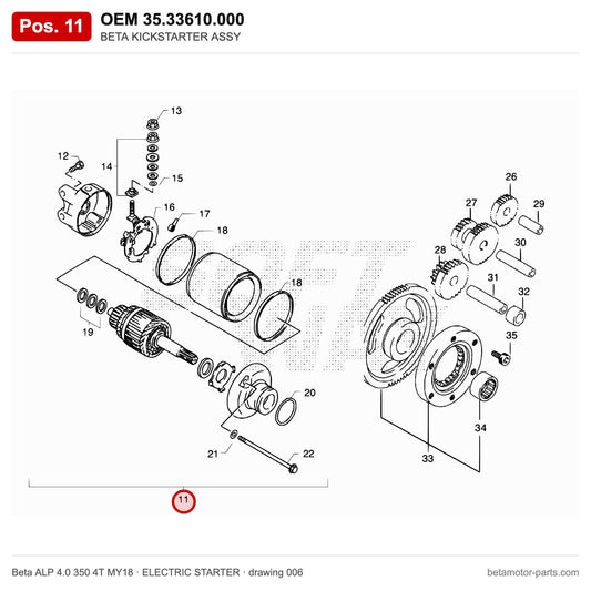 BETA KICKSTARTER ASSY – OEM 35.33610.000, position 11 on the Beta ALP 4.0 350 4T MY18 elettricstarter drawing