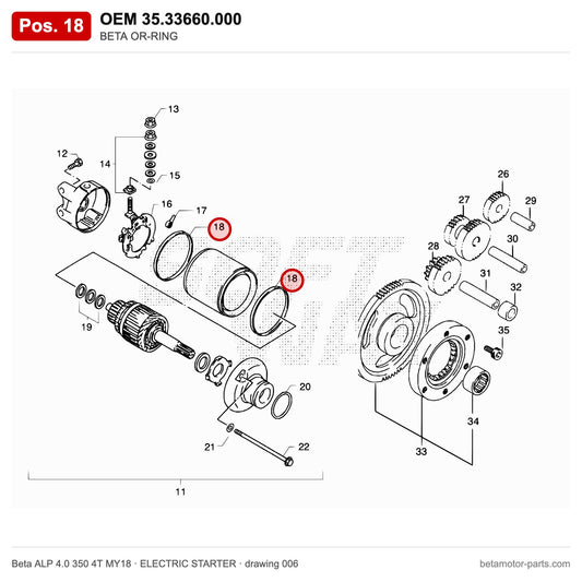 BETA OR-RING – OEM 35.33660.000, position 18 on the Beta ALP 4.0 350 4T MY18 elettricstarter drawing