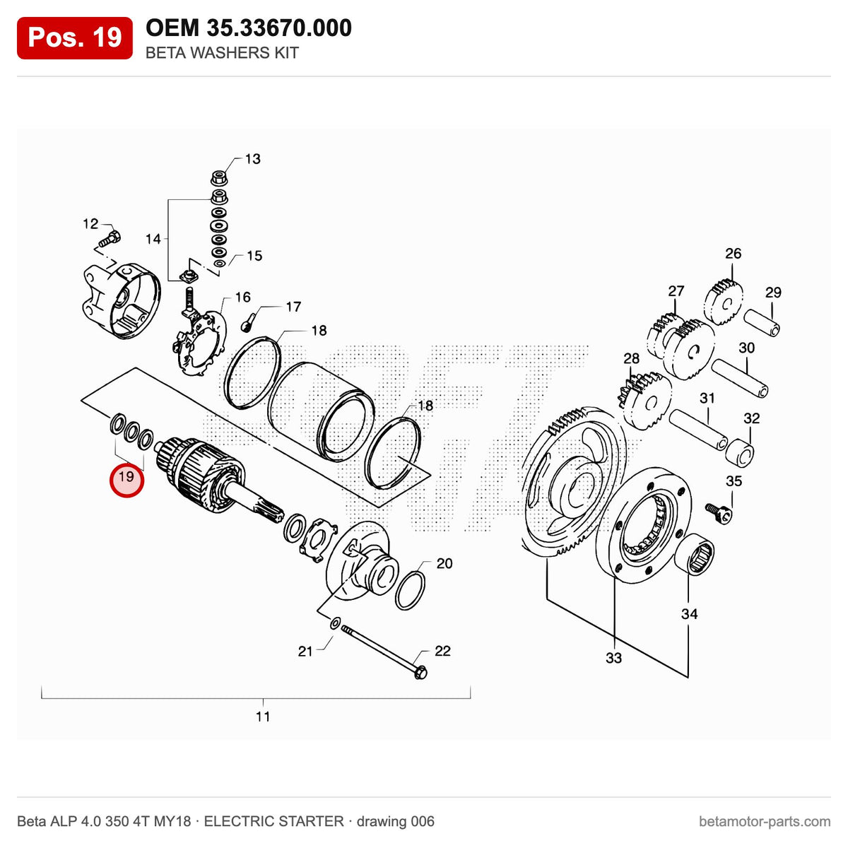 BETA WASHERS KIT – OEM 35.33670.000, position 19 on the Beta ALP 4.0 350 4T MY18 elettricstarter drawing