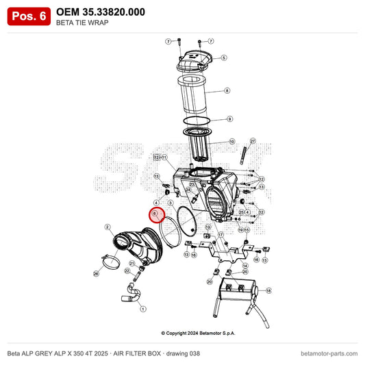 BETA TIE WRAP – OEM 35.33820.000, position 6 on the Beta ALP GREY ALP X 350 4T 2025 air filter box drawing