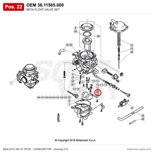 BETA FLOAT VALVE SET – OEM 36.11565.000, position 22 on the Beta EVO 300 4T MY26 carburetor drawing