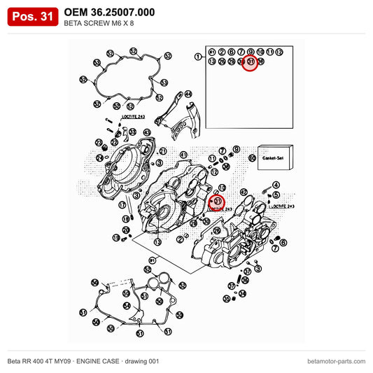 BETA SCREW M6 X 8 – OEM 36.25007.000, position 31 on the Beta RR 400 4T MY09 engine case drawing