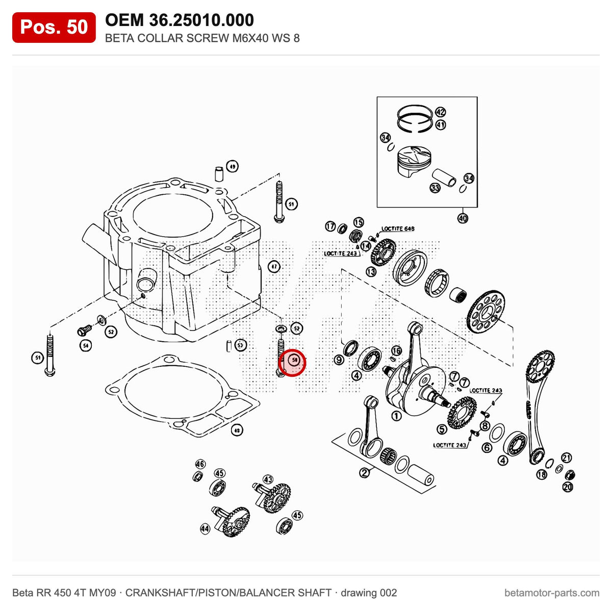 BETA COLLAR SCREW M6X40 WS 8 – OEM 36.25010.000, position 50 on the Beta RR 450 4T MY09 crankshaft/piston/balancer shaft drawing