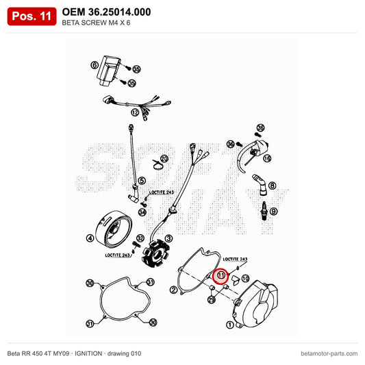 BETA SCREW M4 X 6 – OEM 36.25014.000, position 11 on the Beta RR 450 4T MY09 ignition drawing