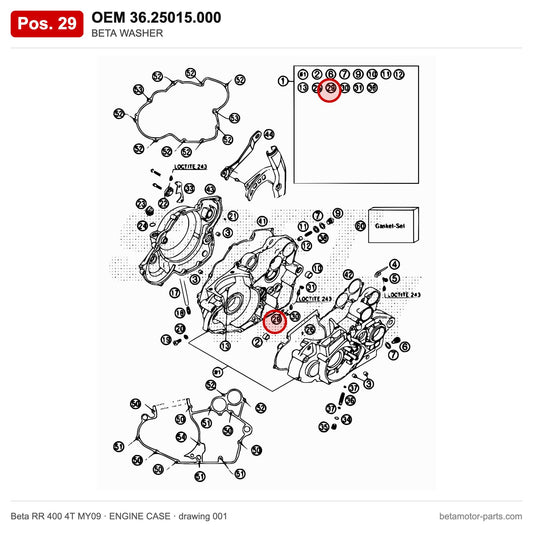 BETA WASHER – OEM 36.25015.000, position 29 on the Beta RR 400 4T MY09 engine case drawing