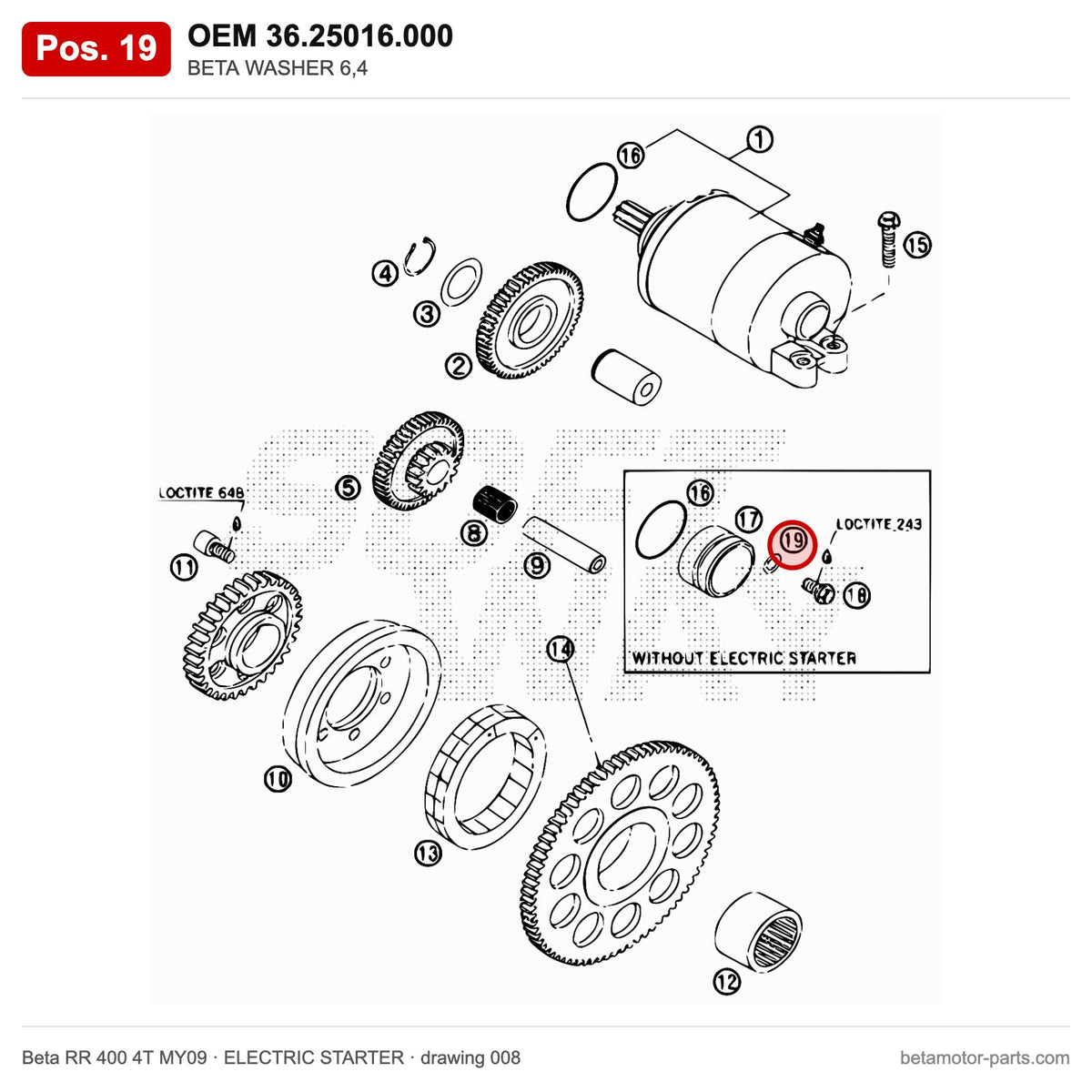 BETA WASHER 6,4 – OEM 36.25016.000, position 19 on the Beta RR 400 4T MY09 elettricstarter drawing
