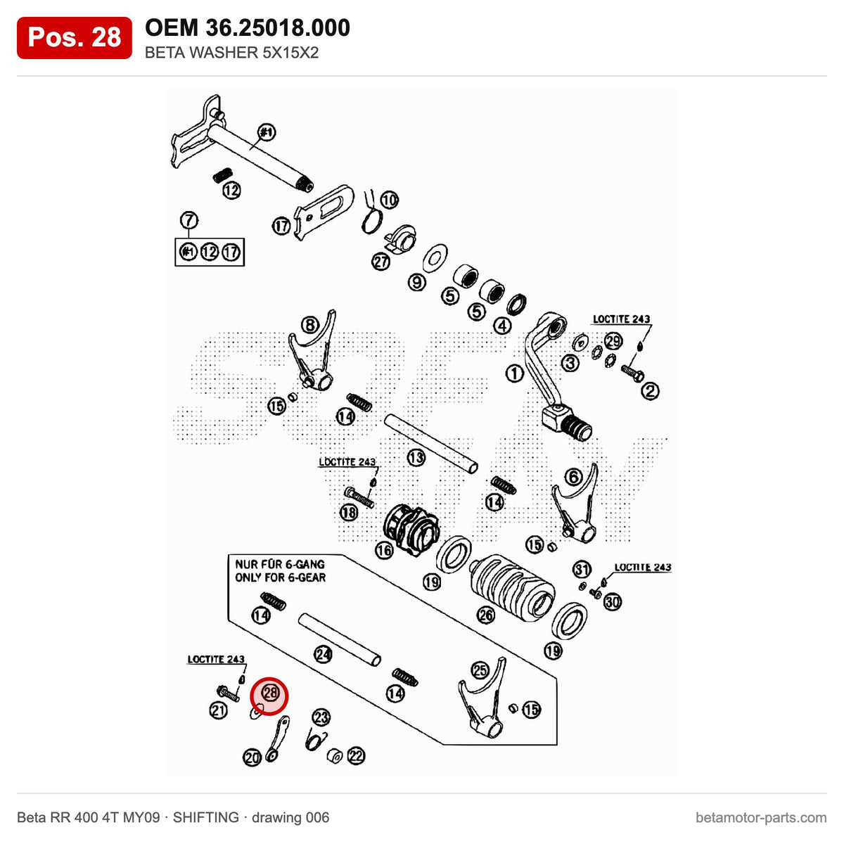 BETA WASHER 5X15X2 – OEM 36.25018.000, position 28 on the Beta RR 400 4T MY09 shifting drawing